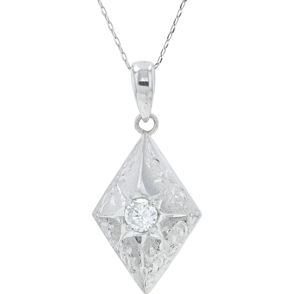 Platinum Vintage-Inspired Diamond Pendant with Floral Engraved Milgrain Detailing and 18-Inch Chain - 0.26 Carat Total Diamond Weight
