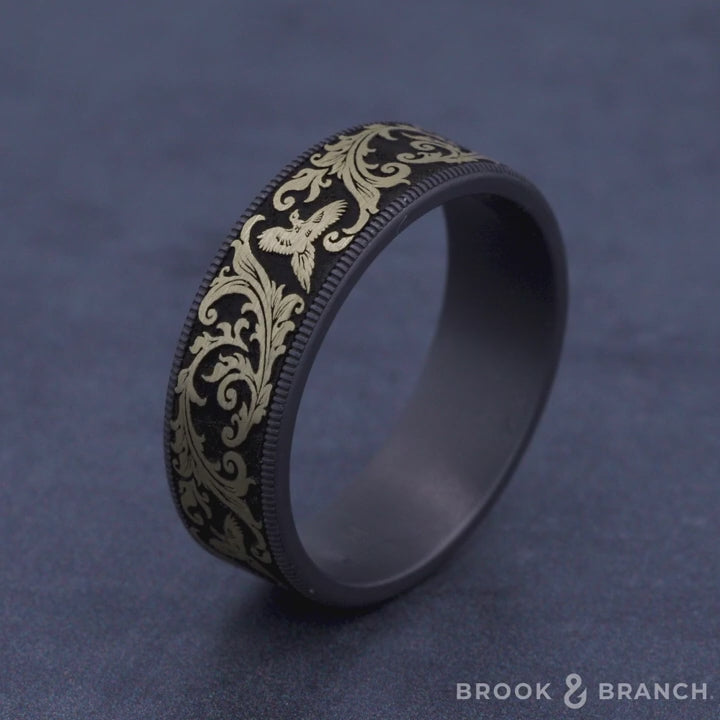 The Pheasant Men's Wedding Band in Grey Tantalum and 14K Yellow Gold - 7.5mm Width by Brook and Branch