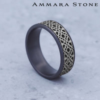 The Aztec Men's Wedding Band in Grey Tantalum and 14K White Gold - 7.5mm Width by Ammara Stone