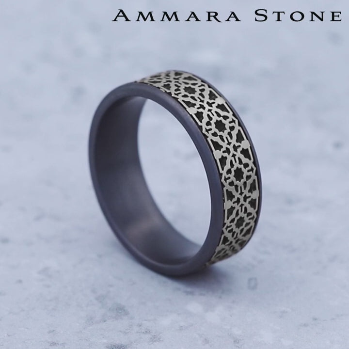 The Aztec Men's Wedding Band in Grey Tantalum and 14K White Gold - 7.5mm Width by Ammara Stone