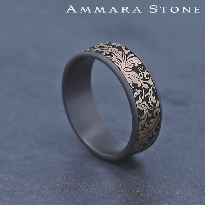The Vine Men's Wedding Band in Grey Tantalum and 14K Rose Gold - 7.5mm Width by Ammara Stone