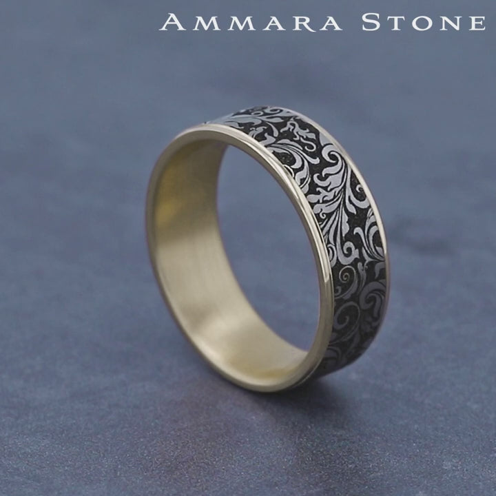 The Vine Men's Wedding Band in 14K Yellow Gold and Grey/Black Titanium - 7.5mm Width by Ammara Stone
