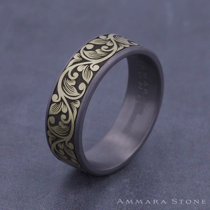 The Palazzo Men's Wedding Band in Grey Tantalum and 14K Yellow Gold - 7.5mm Width by Ammara Stone