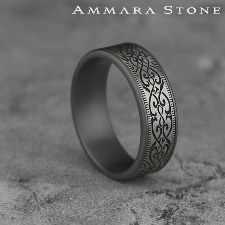 The Basilica Men's Wedding Band in Grey Tantalum and 14K White - 7.5mm Width by Ammara Stone
