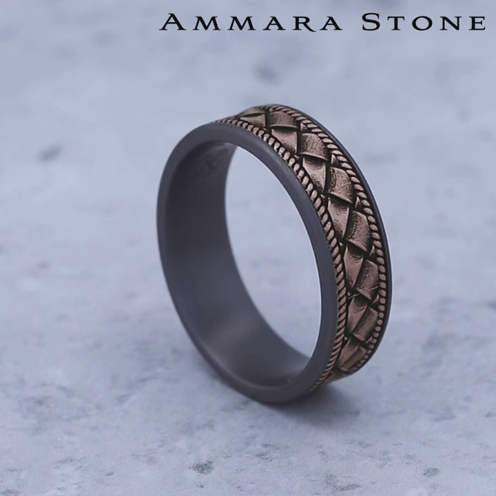 The Basket Men's Wedding Band in Grey Tantalum and 14K Rose Gold - 7.5mm Width by Ammara Stone