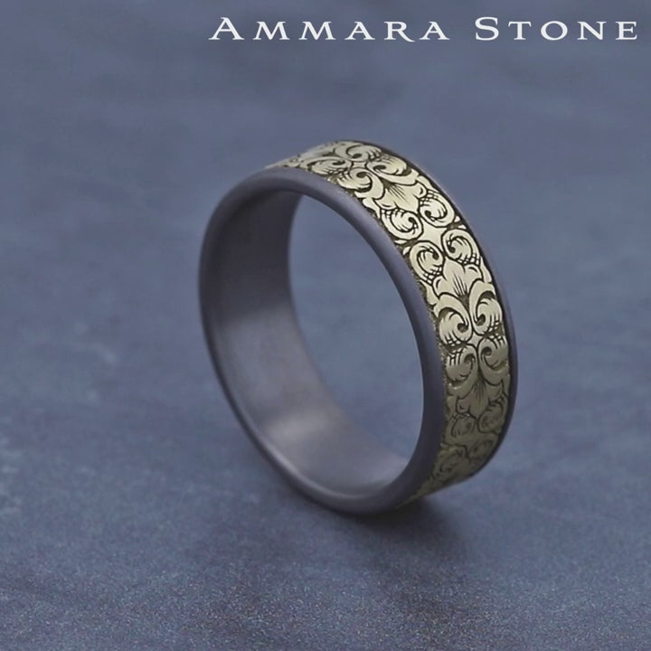 Border Script Men's Wedding Band in Grey Tantalum and 14K Yellow Gold - 7.5mm Width by Ammara Stone