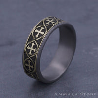 The Crusader Men's Wedding Band in Grey Tantalum and 14K Yellow Gold - 7.5mm Width by Ammara Stone