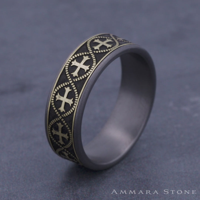 The Crusader Men's Wedding Band in Grey Tantalum and 14K Yellow Gold - 7.5mm Width by Ammara Stone