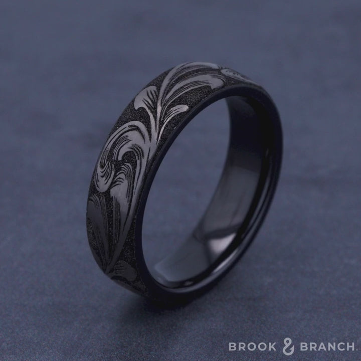 The Barrel Script Men's Wedding Band in Grey/Black Titanium - 6.5mm Width by Brook and Branch