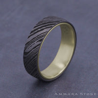 The Blade Men's Wedding Band in 14K Yellow Gold and Damascus Steel - 6.5mm Width by Ammara Stone