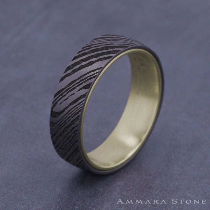 The Blade Men's Wedding Band in 14K Yellow Gold and Damascus Steel - 6.5mm Width by Ammara Stone