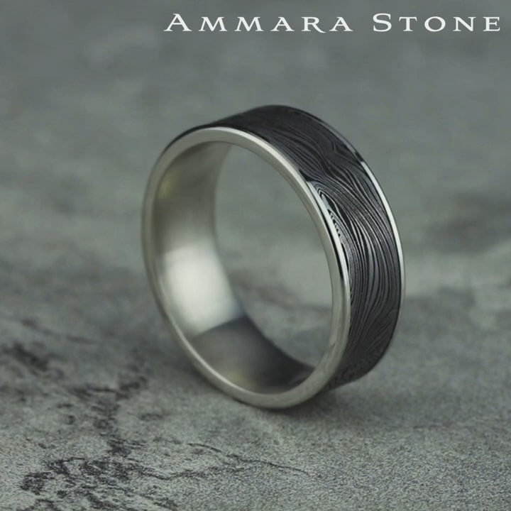 The Marble Men's Wedding Band in 14K White Gold and Grey Tantalum - 7.5mm Width by Ammara Stone