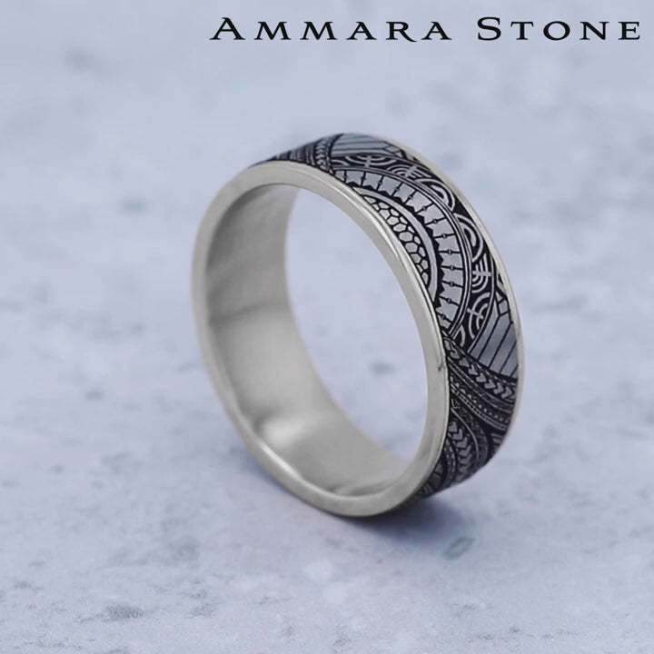 The Polynesian Men's Wedding Band in 14K White Gold and Grey-Black Titanium - 7.5mm Width by Ammara Stone
