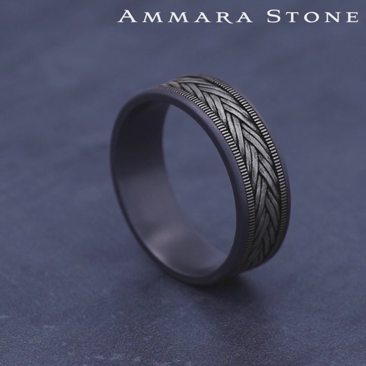 The Wheat Men's Wedding Band in Grey Tantalum and 14K White Gold - 7.5mm Width by Ammara Stone