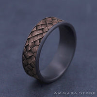 The Cross Hatch Men's Wedding Band in Grey Tantalum and 14K Rose Gold - 7.5mm Width by Ammara Stone
