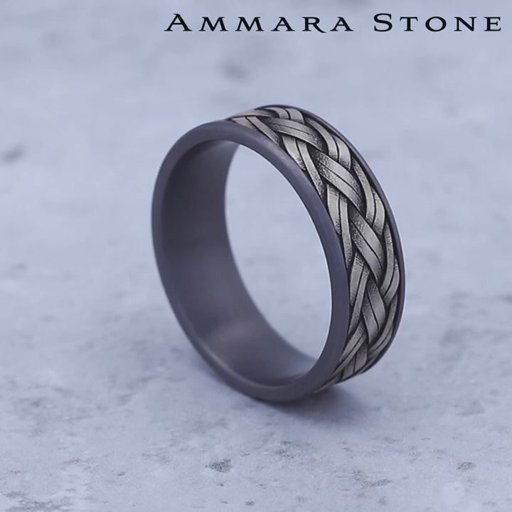 The Rope Men's Wedding Band in Grey Tantalum and 14K White Gold - 7.5mm Width by Ammara Stone