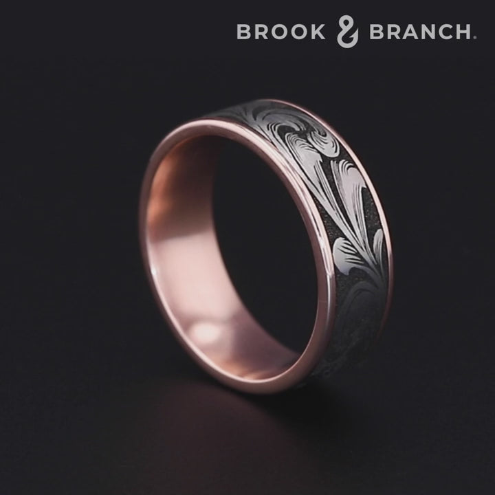 The Barrel Script Men's Wedding Band in 14K Rose Gold and Grey/Black Titanium - 7.5mm Width by Brook and Branch