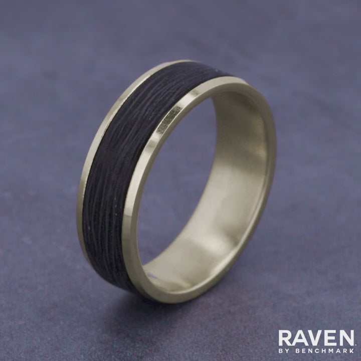 The Onyx Men's Wedding Band in 14K Yellow Gold and Forged Carbon Fiber - 7mm Width by Ammara Stone