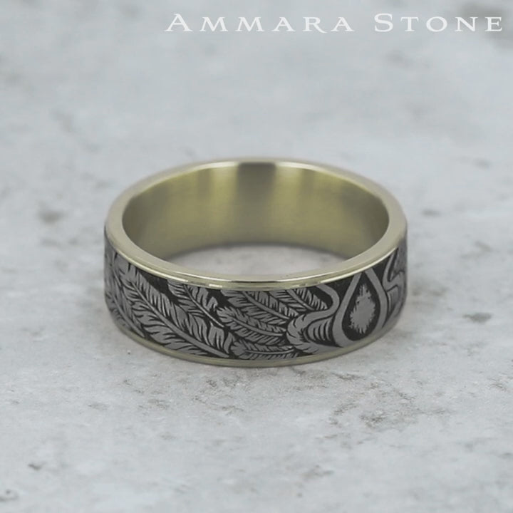 The Comanche Men's Wedding Band in 14K Yellow Gold and Grey/Black Titanium - 7.5mm Width by Ammara Stone