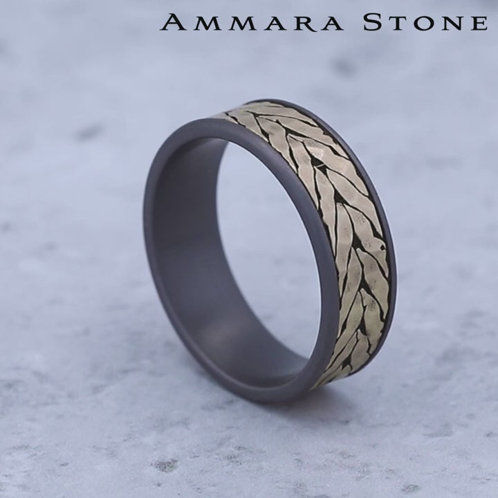 The Medallion Men's Wedding Band in Grey Tantalum and 14K Yellow Gold - 7.5mm Width by Ammara Stone
