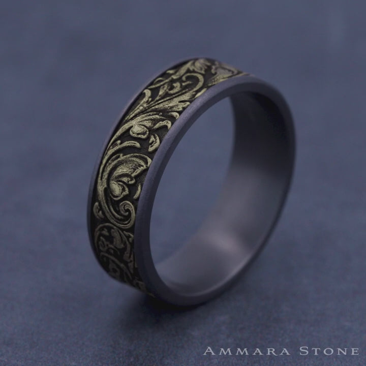 The Vineyard Men's Wedding Band in Grey Tantalum and 14K Yellow Gold - 7.5mm Width by Ammara Stone