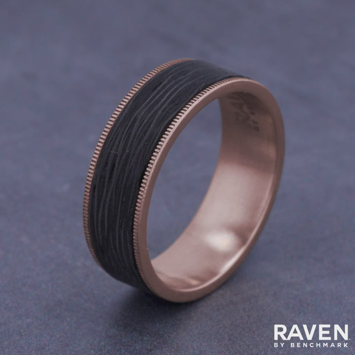 The Cinder Men's Wedding Band in 14K Rose Gold and Forged Carbon Fiber - 7.5mm Width by Ammara Stone