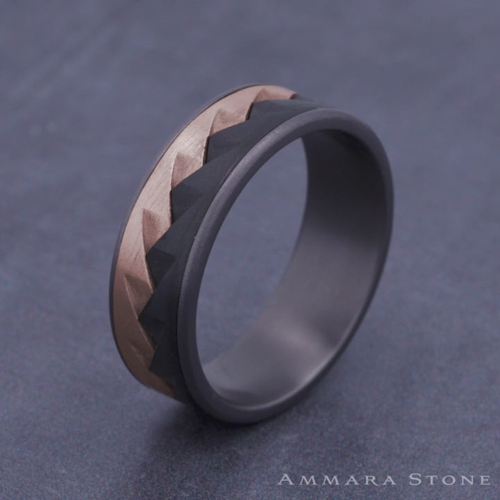 The Range Men's Wedding Band in Grey Tantalum, Black Titanium, and 14K Rose Gold - 7.5mm Width by Ammara Stone
