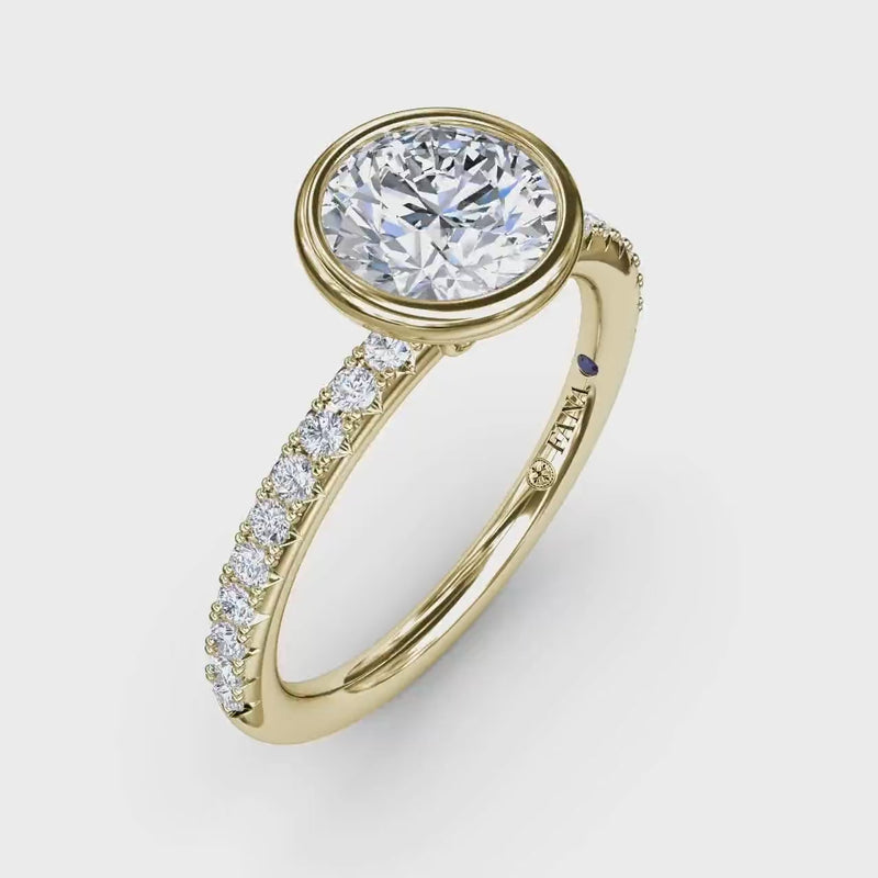 Fana - Contemporary Bezel-Set Round Diamond Solitaire Engagement Ring With Diamond Band - S3342 - Available in 14K & 18K Gold (White, Yellow or Rose) and Platinum