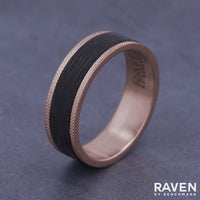 The Obsidian Men's Wedding Band in 14K Rose Gold and Forged Carbon Fiber - 7mm Width by Ammara Stone