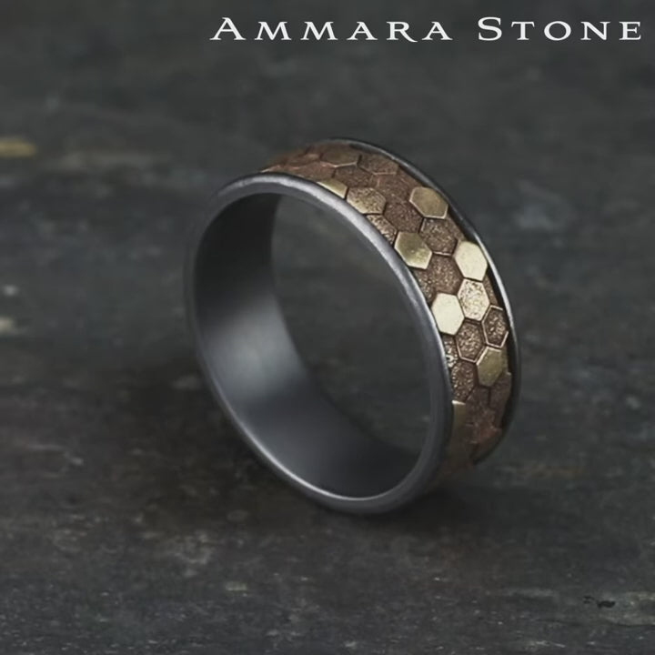 The Keeper Men's Wedding Band in Grey Tantalum and 14K Yellow Gold - 7.5mm Width by Ammara Stone