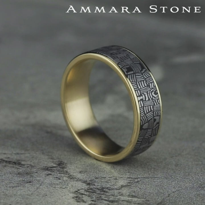 The Basket Weave Men's Wedding Band in 14K Yellow Gold and Tantalum - 7.5mm Width by Ammara Stone