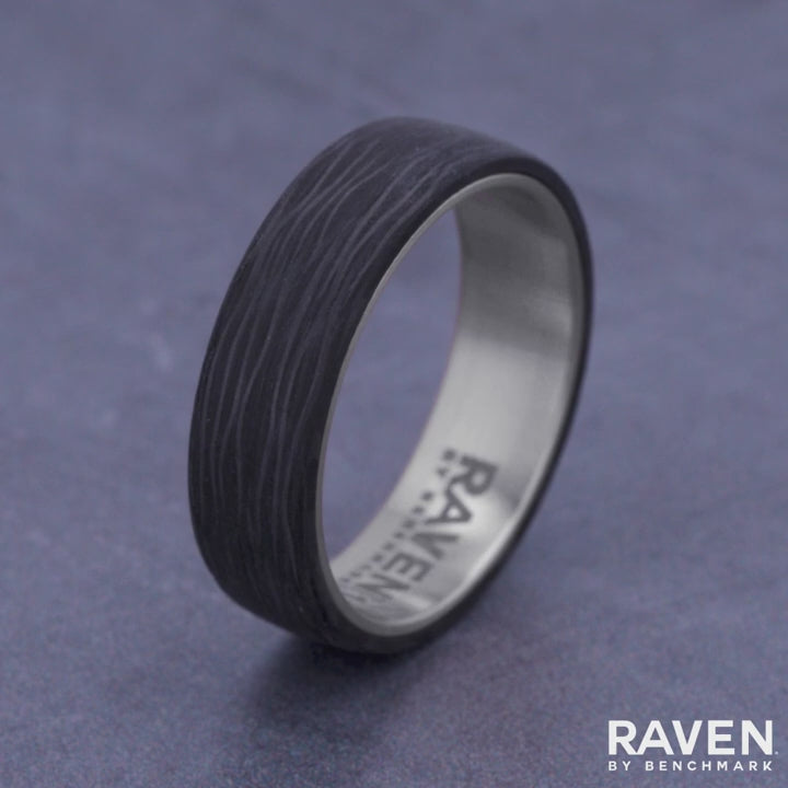 The NYX Men's Wedding Band in 14K White Gold and Forged Carbon Fiber - 6.5mm Width by Ammara Stone