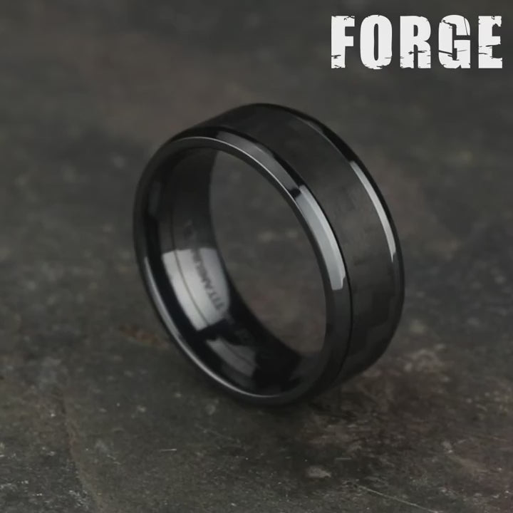 The Senna Men's Wedding Band in Black Titanium and Black Carbon Fiber - 8mm Width by Forge