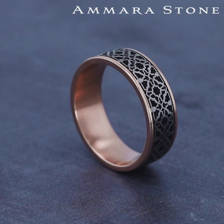 The Aztec Men's Wedding Band in 14K Rose Gold and Grey/Black Titanium - 7.5mm Width by Ammara Stone