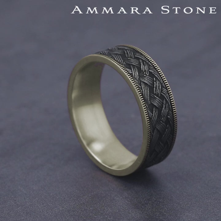 The Trellis Men's Wedding Band in 14K Yellow Gold and Grey Tantalum - 7.5mm Width by Ammara Stone