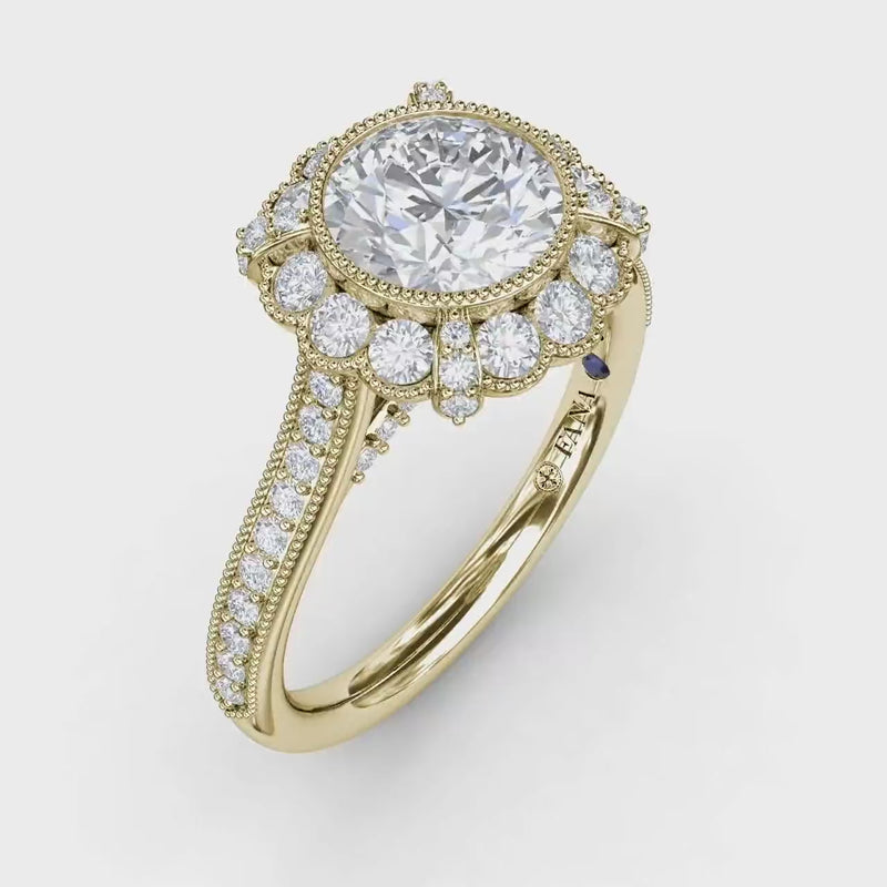 Fana - Vintage Scalloped Halo Engagement Ring With Milgrain Details - S3199 - Available in 14K & 18K Gold (White, Yellow or Rose) and Platinum