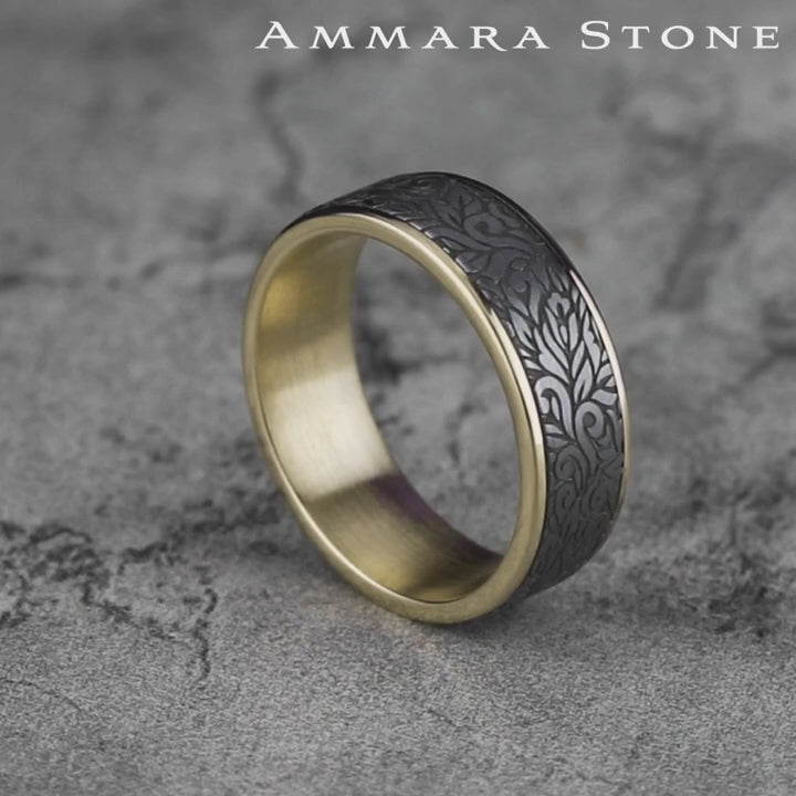 The Ranch Men's Wedding Band in 14K Yellow Gold and Grey Tantalum - 7.5mm Width by Ammara Stone