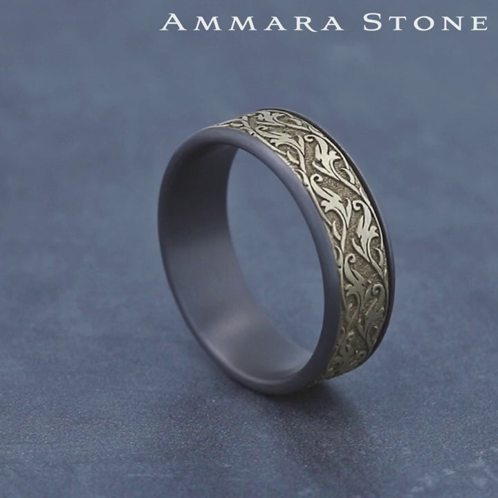 The Ivy Men's Wedding Band in Grey Tantalum and 14K Yellow Gold - 7.5mm Width by Ammara Stone