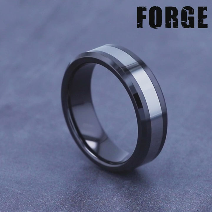 The Bogan Men's Wedding Band in Black Ceramic and Tungsten - 7mm Width by Forge