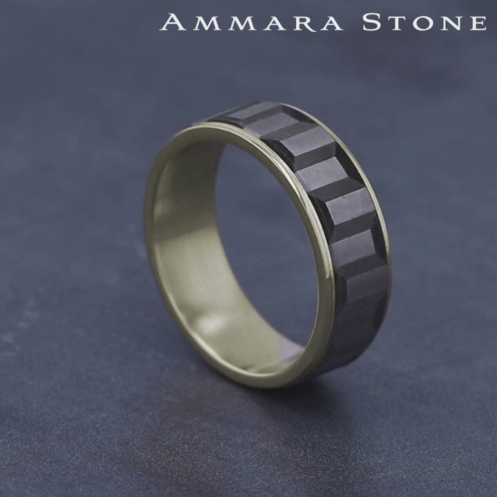 The Sprocket Men's Wedding Band in 14K Yellow Gold and Grey Tantalum - 7.5mm Width by Ammara Stone