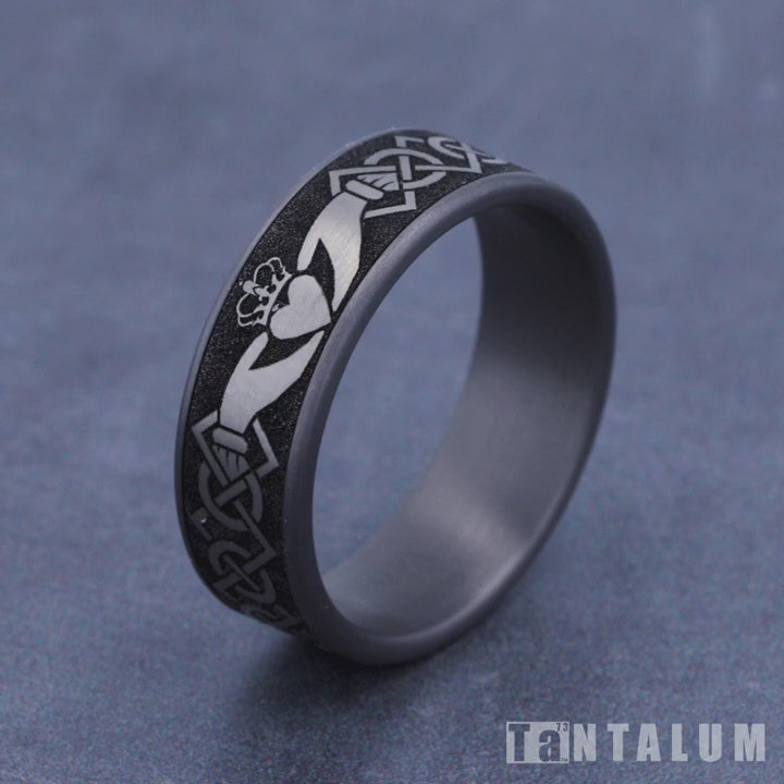 The Claddagh Men's Wedding Band in Grey Tantalum and Grey/Black Titanium - 7.5mm Width by Tantalum