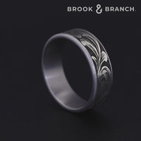 The Barrel Script Men's Wedding Band in Grey Tantalum and Grey/Black Titanium - 7.5mm Width by Brook and Branch