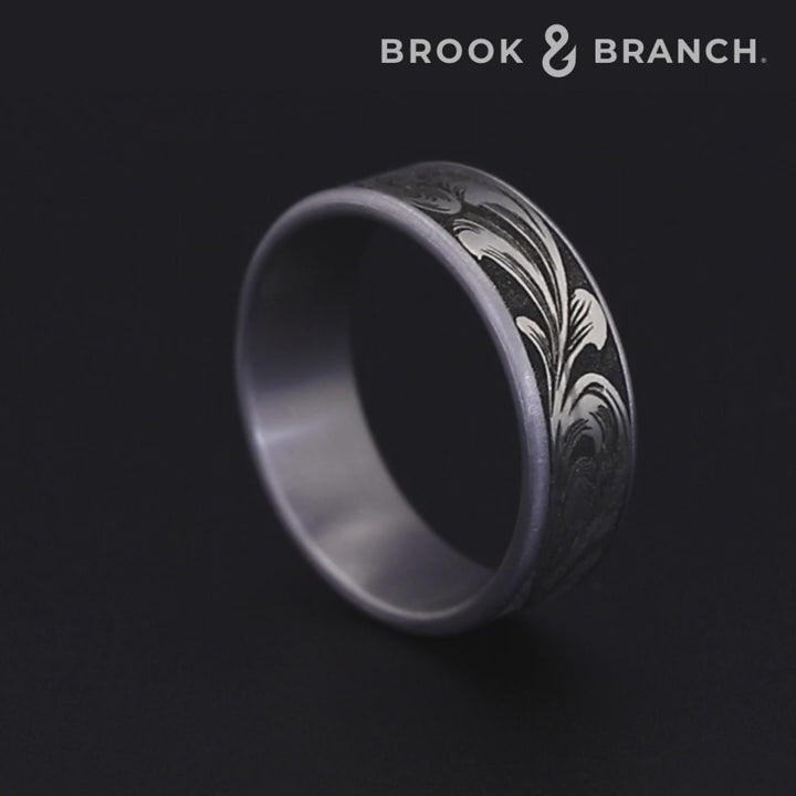 The Barrel Script Men's Wedding Band in Grey Tantalum and Grey/Black Titanium - 7.5mm Width by Brook and Branch