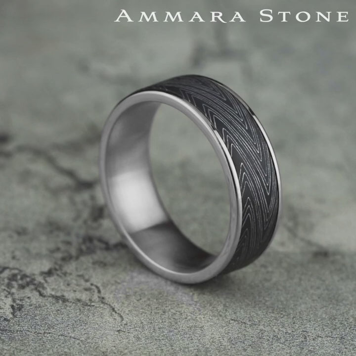 The Herringbone Men's Wedding Band in 14K White Gold and Darkened Tantalum - 7.5mm Width by Ammara Stone