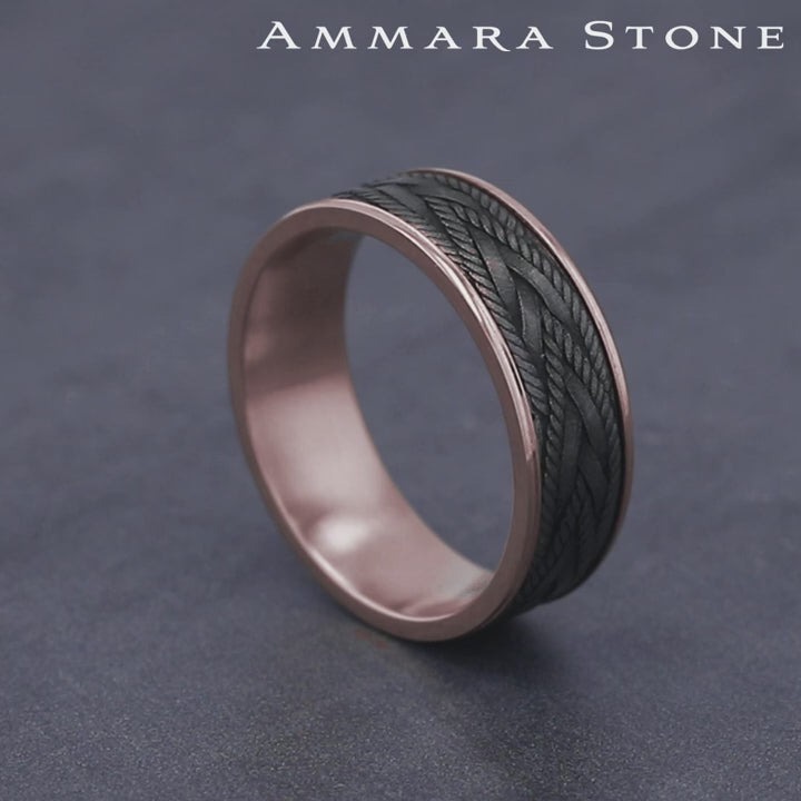 The Braid Men's Wedding Band in 14K Rose Gold and Grey Tantalum - 7.5mm Width by Ammara Stone