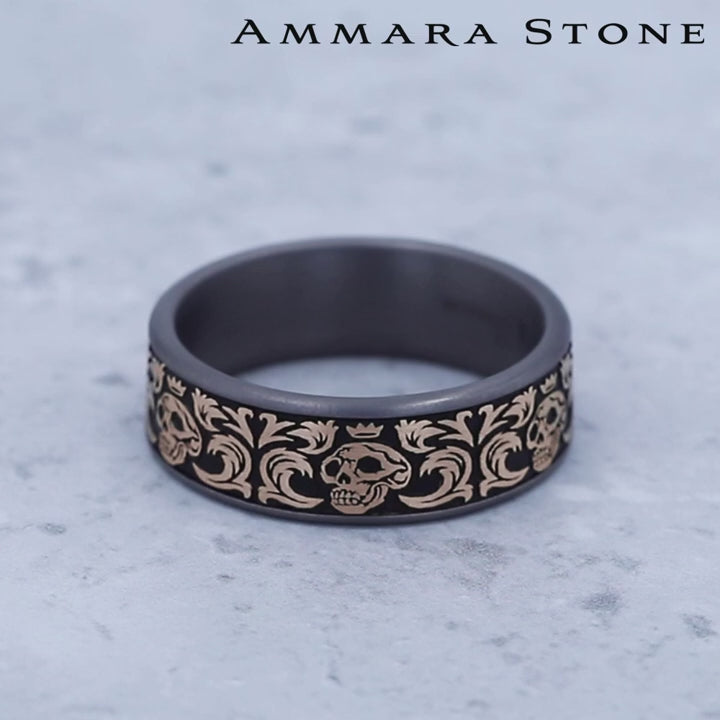 The Skull King Men's Wedding Band in Grey Tantalum and 14K Rose Gold - 7.5mm Width by Ammara Stone