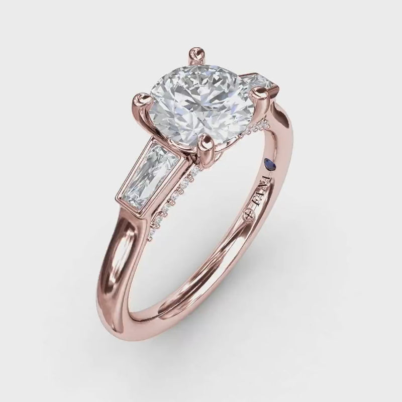 Fana - Three-Stone Round Diamond Engagement Ring With Tapered Baguettes - S3299 - Available in 14K & 18K Gold (White, Yellow or Rose) and Platinum