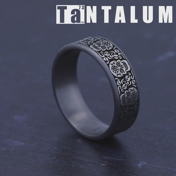 The Sugar Skull Men's Wedding Band in Grey Tantalum and Grey/Black Titanium - 7.5mm Width by Tantalum