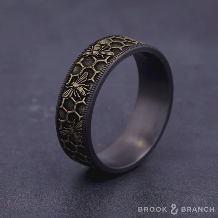 The Apis Men's Wedding Band in Grey Tantalum and 14K Yellow Gold - 7.5mm Width by Brook and Branch