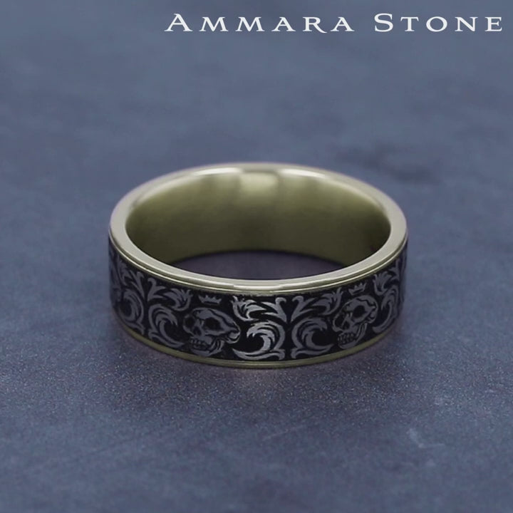 The Skull King Men's Wedding Band in 14K Yellow Gold and Grey/Black Titanium - 7.5mm Width by Ammara Stone